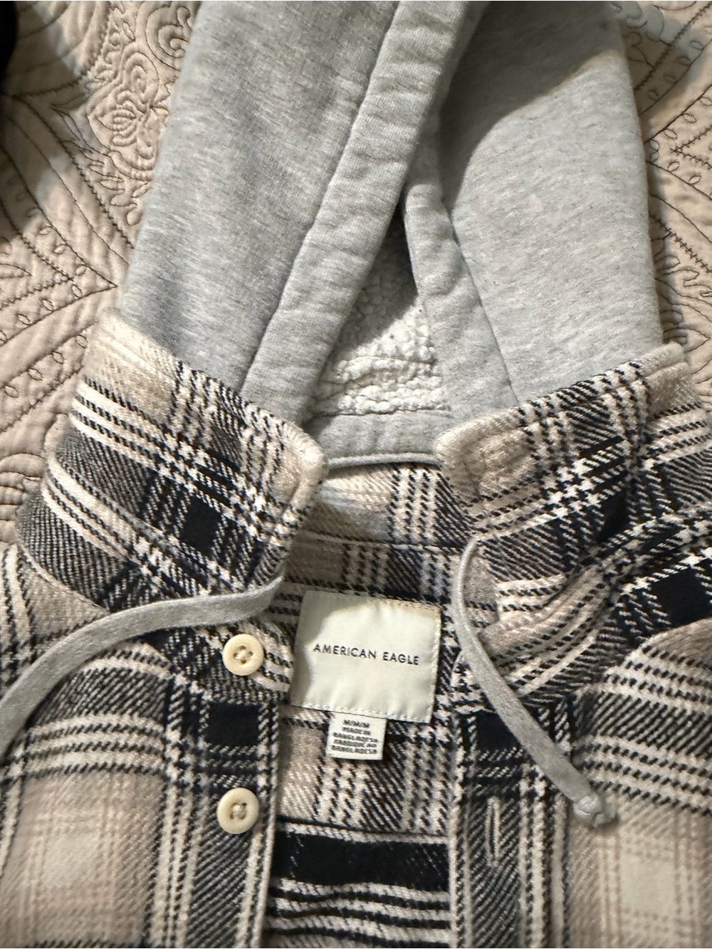 American Eagle Outfitters Plaid Hooded Shacket in Black, Gray, and Cream